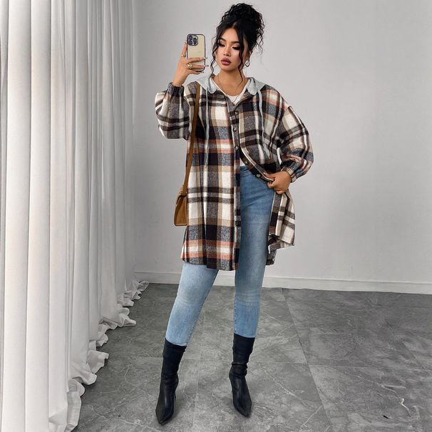 Women's Clothing Plus Size Clothes Plaid Hooded Jacket - Lightweight Cotton Blend, Loose Fit, Casual & Retro Style For Autumn Winter"_ecoleips.com