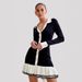 Women's Bow Tie Belt Knit Long Sleeve Pearl Button Tweed Style Ruffled Mini Dress – Elegant Fall Winter Gown_ecoleips.com