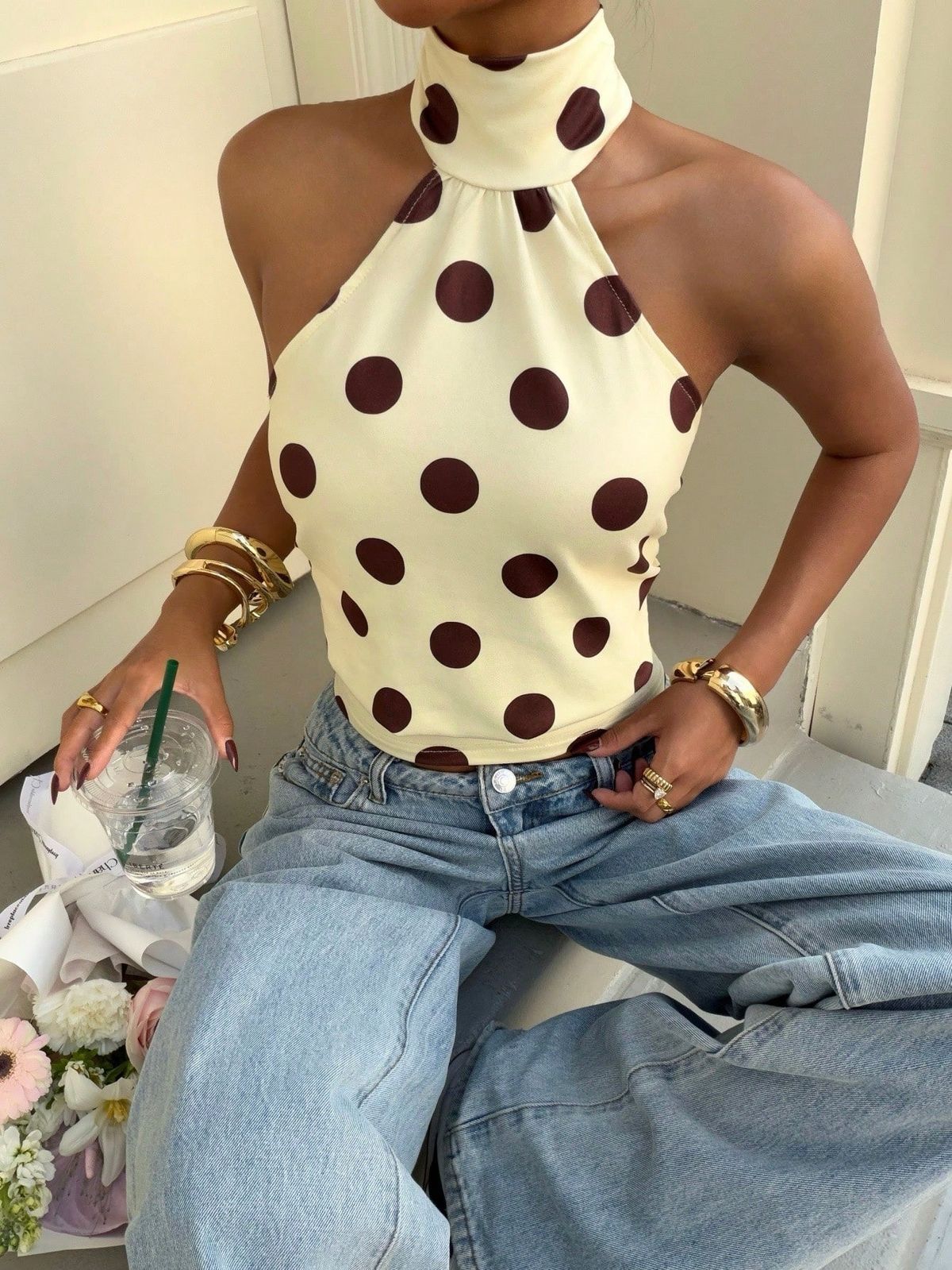Women's Halter Neck Polka Dot Print Vest Y2K Summer Top Sleeveless Tie Waist Sexy Backless Style_ecoleips.com