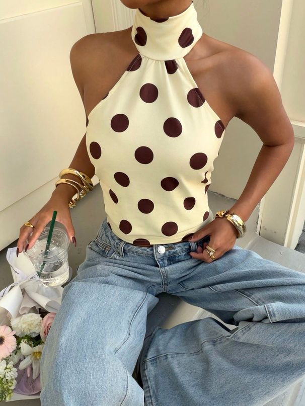 Women's Halter Neck Polka Dot Print Vest Y2K Summer Top Sleeveless Tie Waist Sexy Backless Style_ecoleips.com