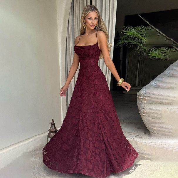 Cross-Border European And American Women's New Fashion Versatile Hot Girl Style Wine Red Sexy Strap Dress_ecoleips.com