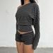 American Style Spicy Girl Striped Long Sleeve T-Shirt Women, Loose Casual Waist-Cinching Slimming Short Off-Shoulder Top_ecoleips.com