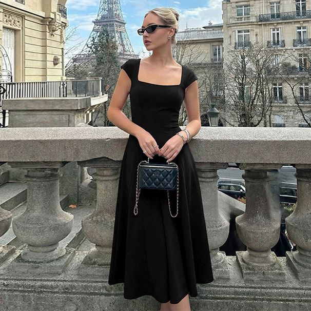 French-style Solid Color Back-tie Tight-fitting Dress, 2025 Winter New Fashion, Zippered Shoulder Strap Long Dress_ecoleips.com