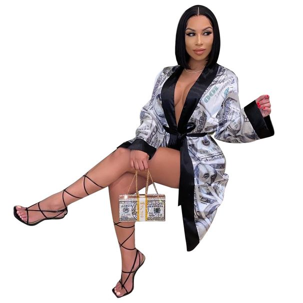 Aria Basics M7777 Cross-border Women's Clothing, Sexy Dollar Print Lace-up Mid-length Robe, Home Wear For Women, In Stock_ecoleips.com