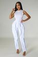 Women's Round Neck Sleeveless Top Wih Lace Drawsring Two-Piece Se High Wais Slimming Fashion Long Pans Tassel_ecoleips.com