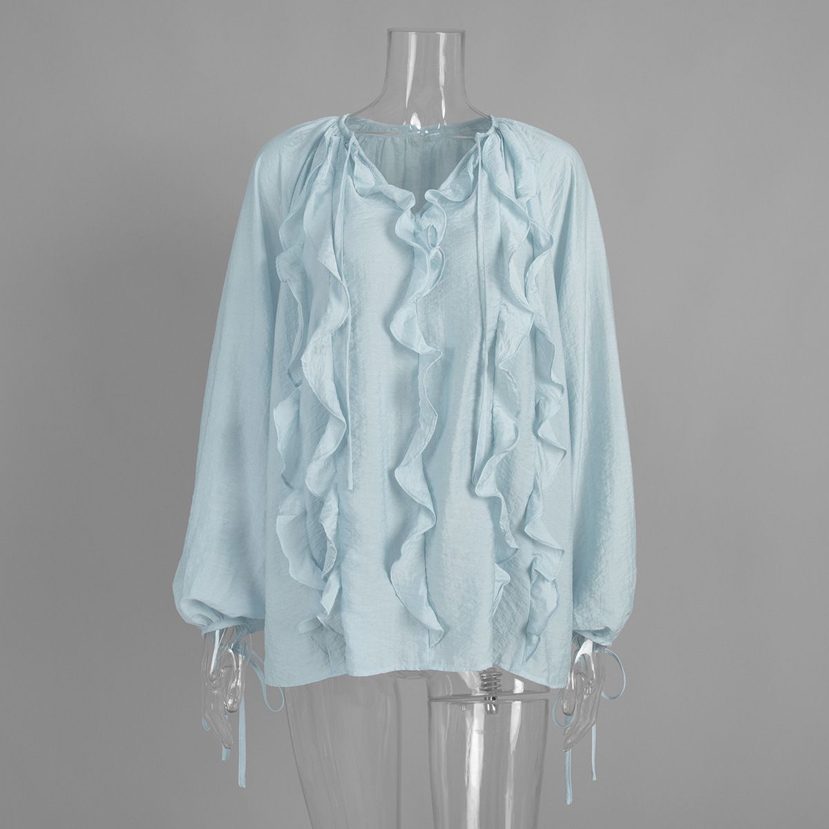 Women's Clothing French V Neck Shirt Spring Summer Ruffled Tie Up Lantern Sleeve Semi Sheer Thin Top_ecoleips.com