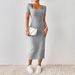 Women's Sexy French Square Neck Side Slit Knit Short Sleeve Bodycon Mini Dress – Casual Summer Gown_ecoleips.com