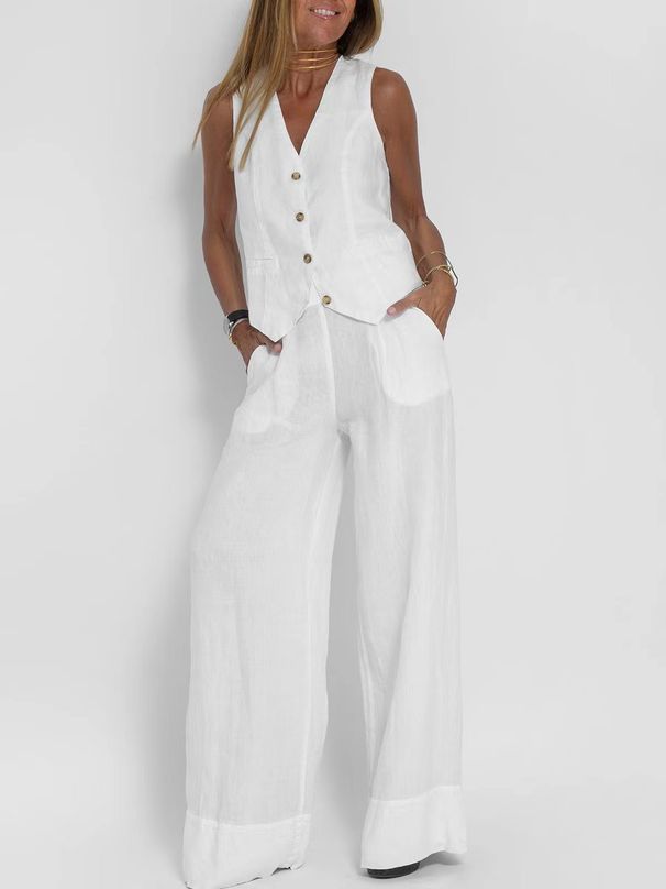 Fashion Vest Trousers Collage Stitching Cotton Linen Casual Suit Women's Clothing Set European American Style New 2024_ecoleips.com