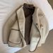 women's leather & fce bomber jacket short zipup biker coat with shearling collar (black, khaki, beige)_ecoleips.com