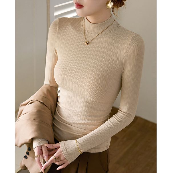 2025 High End Threaded Stand Up Collar T-Shirt For Women, Long Sleeved, 2025 Autumn Winter New Item, Slimming And Sexy Slim_ecoleips.com