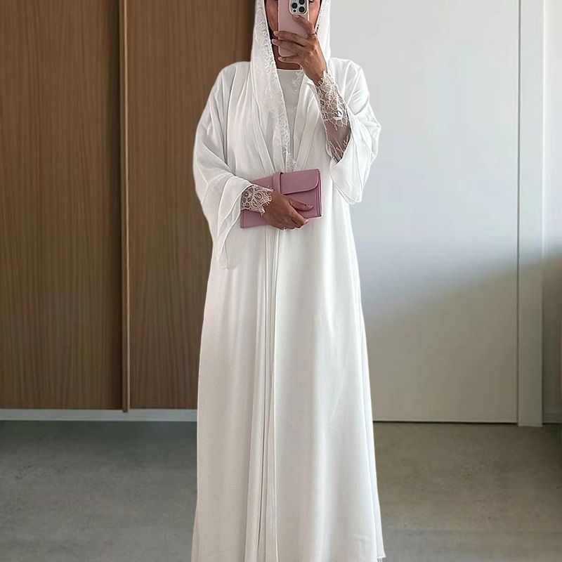 Women's Clothing Elegant Dubai-Inspired Lace Long Sleeve Dress Set – Modest Abaya With Matching Scarf (White, S-XL, Chiffon & Polyester Blend)_ecoleips.com