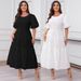 Women's Clothing Plus Size Women's Round Neck Dress Pleated Layered Bohemian Long Skirt_ecoleips.com