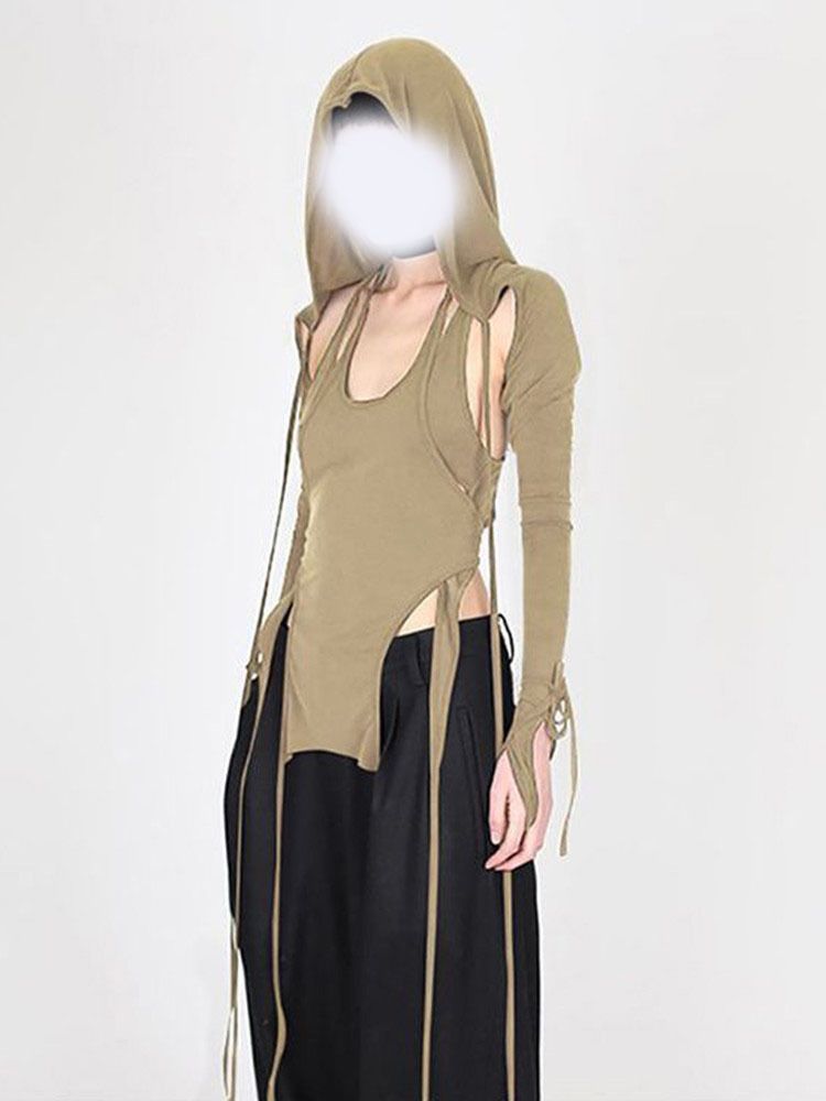 Solid Color Streetwear Hooded Crop Top With Detachable Lanyard | Y2k Aesthetic Slim Fit T-Shirt For Women_ecoleips.com