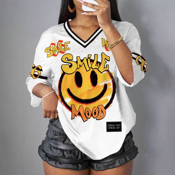 European American Cross-Border Loose Casual Smiley Face Letter And Number Print Women's Sho Sleeve Spos_ecoleips.com