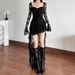 Women's High Waist Lace Patchwork Dress European American Style Solid Color Square Neck Long Sleeve Autumn Fashion 2024_ecoleips.com