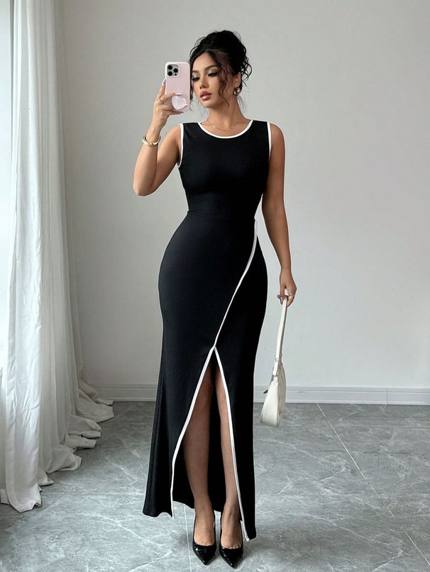 Women's Clothing Women's Slim Fit Sleeveless Long Dress Style Black White Color Block Slit Design For Work For Formal & Casual For Women_ecoleips.com