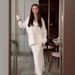 Women's V-Neck Knit Sweater & A-Line Skirt Set - Long Sleeve Button Front Cardigan With Belt Detail, Fall Casual Outfit (White, Coffee)_ecoleips.com