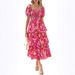 Women's Square Neck Long Dress Chiffon Waist Cinching Floral Print Cake Style Fashion Short Sleeve_ecoleips.com
