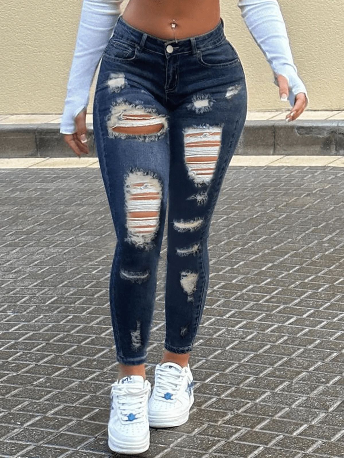 Cross-border Foreign Trade European And American Women's Jeans, Elastic Mid-waist, Ripped, Slim-fit, Washed Skinny Jeans_ecoleips.com