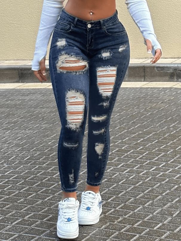 Cross-border Foreign Trade European And American Women's Jeans, Elastic Mid-waist, Ripped, Slim-fit, Washed Skinny Jeans_ecoleips.com
