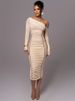 Mozision Diagonal Collar Long Sleeve Midi Dress For Women Two Layer Mesh Backless Ruched Bodycon Club Party Sexy Long Dress_ecoleips.com