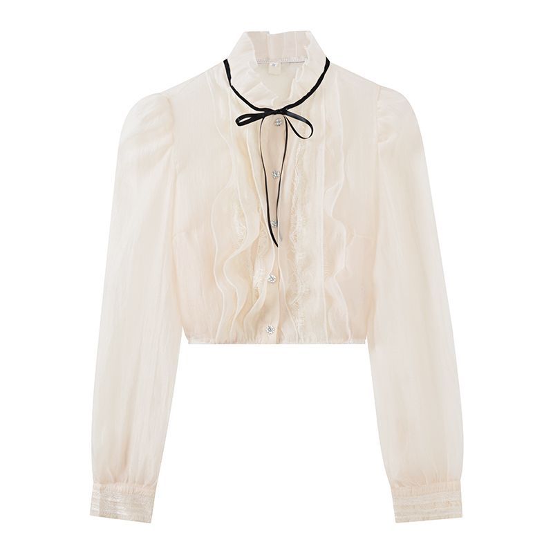 Unique Stand-collar Ruffled Edge Spring Design Elegant Mesh Blouse Women's Shirt New Court Style With Bow_ecoleips.com
