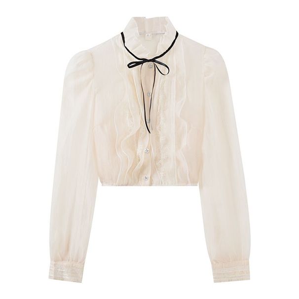 Unique Stand-collar Ruffled Edge Spring Design Elegant Mesh Blouse Women's Shirt New Court Style With Bow_ecoleips.com