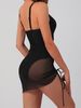 Black Mesh One-Piece Swimsuit With Skirt 2 Piece Set Women V Neck Gold Buckle Tummy Control Bathing Suit Summer Beachwear_ecoleips.com