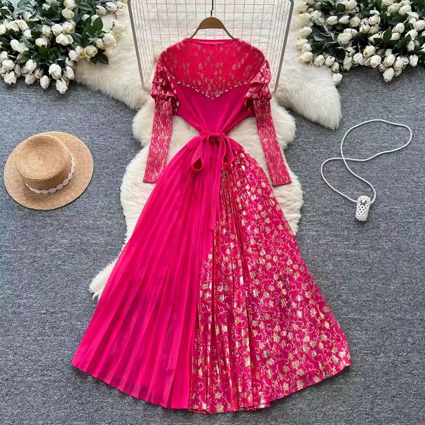 Women's High-End Pleated Dress European American Style Cross Border Fashionable Print Patchwork Long Dress With Tie Waist For Autumn 2025_ecoleips.com
