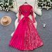 Women's High-End Pleated Dress European American Style Cross Border Fashionable Print Patchwork Long Dress With Tie Waist For Autumn 2025_ecoleips.com