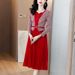 European Style Autumn Fashion Pleated V-Neck Patchwork Slim Slimming Dress With Mid-Length Pleated Skirt_ecoleips.com