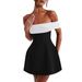 Women's Clothing Black And White Color Matching One Shoulder Mini Skirt Cross Border Sleeveless Bow A Line Dress_ecoleips.com
