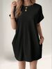European And American 2025 Casual Solid Color Round Neck Bat Sleeve Invisible Pocket Loose Short Sleeve Dress_ecoleips.com
