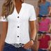 Women's Clothing Fashion Casual Solid Color Button V Neck Short Sleeved T Shirt_ecoleips.com