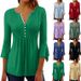 Women's Clothing New Solid Color Hollow V Neck Button Flared Three Quarter Sleeve Top_ecoleips.com