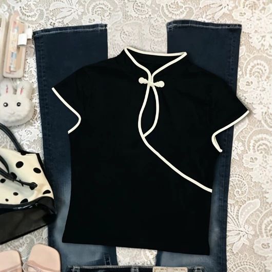 Women's Slim Fit Short Sleeve Top Y2K Temperament Fashion Chinese Knot Collar New Chinese Style European American Cross Border_ecoleips.com