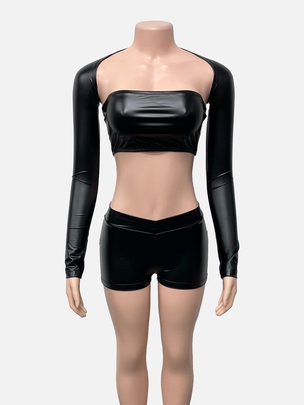 Women's Trendy Faux Leather Three Piece Set Cropped Tank Top Long Sleeved Shawl Shorts Fashionable Hot Selling On Europe America_ecoleips.com