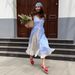 Women's Blue Checkered A-Line Dress With Detachable Straps & Button Front – Summer Staple For Casual & Beach Outings_ecoleips.com
