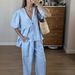Women’s Clothing Spring And Summer New Sweet Solid Color Suit Pure Cotton V Neck Top Bubble Short Sleeved Trousers 2 Piece Set_ecoleips.com