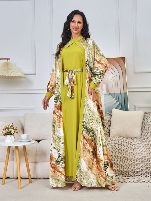 Women's Clothing Middle East New Printed Cardigan Two Piece Dress_ecoleips.com