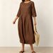 Women's Pleated Cotton Linen Dress Solid Color Casual Loose Button Crescent Neck Three Quarter Sleeve 2026 European And American_ecoleips.com