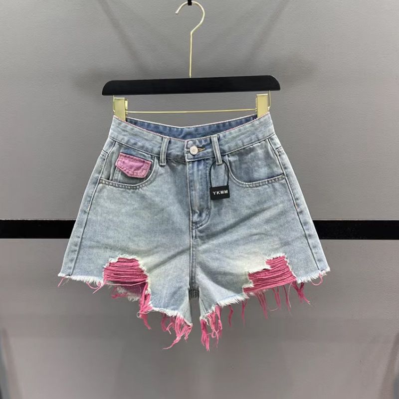 Colorful Ripped Denim Shorts For Women 2024 Summer New High Waist Slimming Girl A-Line Frayed Wide Leg Hot Pants_ecoleips.com