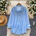 French Style Embroidered Openwork Breathable Blouse, Long Sleeved, Loose Fitting, Versatile, Workwear Cardigan, Blue Top._ecoleips.com