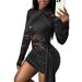 Women's Solid Color Semi High Neck Knitted Lace Patchwork Bodycon Dress Tight Fit Casual Dress_ecoleips.com
