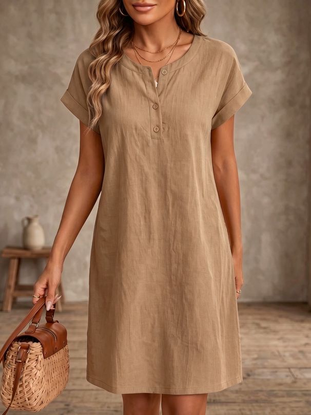 Women's Loose round Neck Button Cotton Linen Short Sleeve Straight Dress Casual Summer Fashion_ecoleips.com