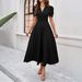 Elegant Plain High Waist V Neck Short Sleeve Dress Women Casual Daily Party Wear_ecoleips.com