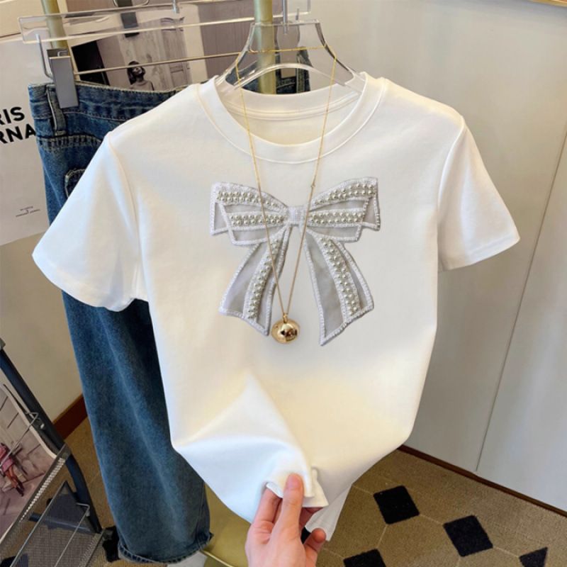 Women's White Printed T-Shirt Bow Decoration Short Sleeve Casual Top Trendy Summer Design Fashion All Match Ins Niche_ecoleips.com