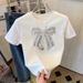 Women's White Printed T-Shirt Bow Decoration Short Sleeve Casual Top Trendy Summer Design Fashion All Match Ins Niche_ecoleips.com