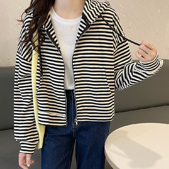 European American Style Real Shot Pique Cotton Short Striped Plus-size Sweatshirt Cardigan Jacket For Women, Spring And_ecoleips.com