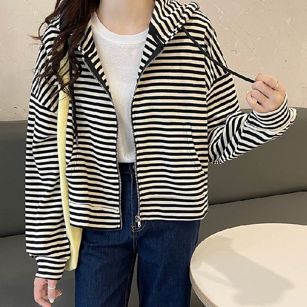 European American Style Real Shot Pique Cotton Short Striped Plus-size Sweatshirt Cardigan Jacket For Women, Spring And_ecoleips.com